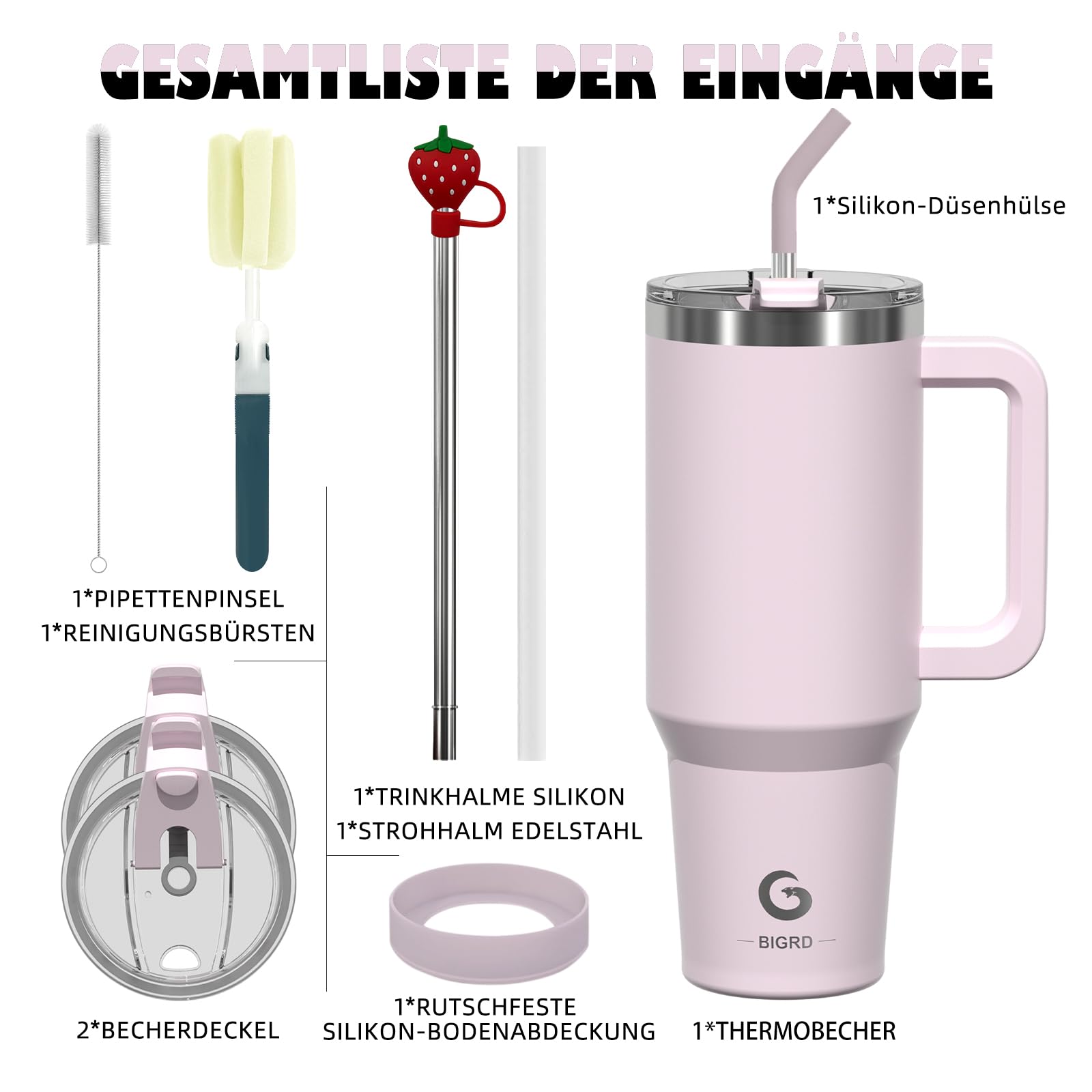 BIGRD 40 oz Travel Water Bottle, Coffee Mug for Cold Hot, Pink