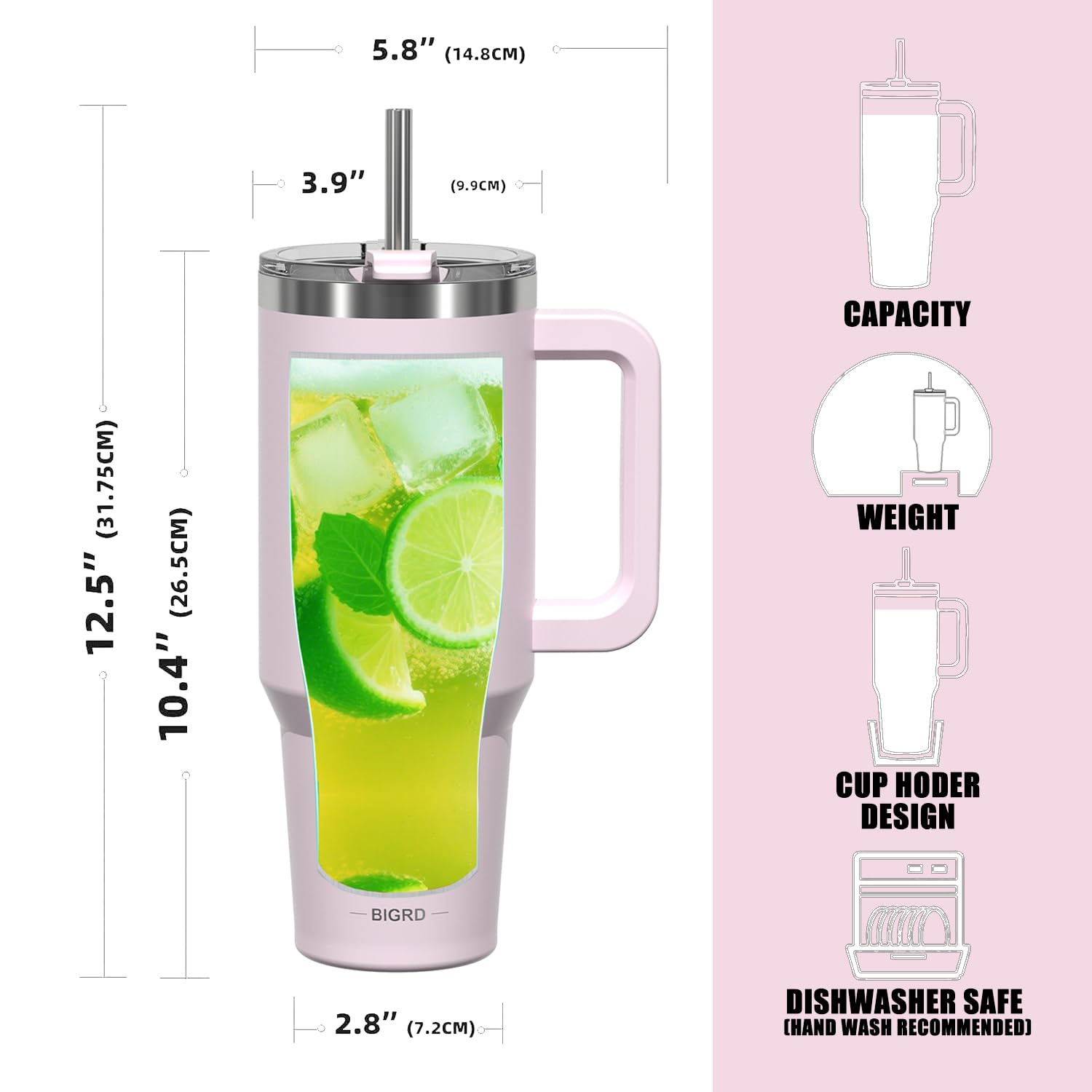 BIGRD 40 oz Travel Water Bottle, Coffee Mug for Cold Hot, Pink